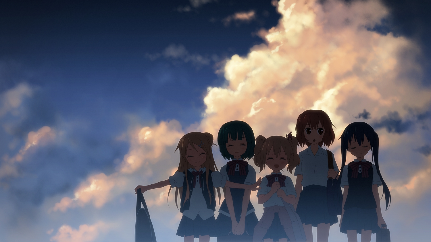 alice_cartelet, blonde_hair, blue_hair, brown_eyes, brown_hair, clouds, group, inokuma_yuko