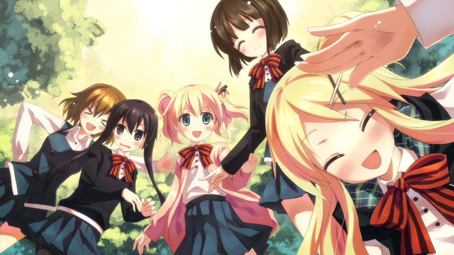 alice_cartelet, blonde_hair, brown_hair, green_eyes, inokuma_yuko, kiniro_mosaic, komichi_aya, kujou_karen