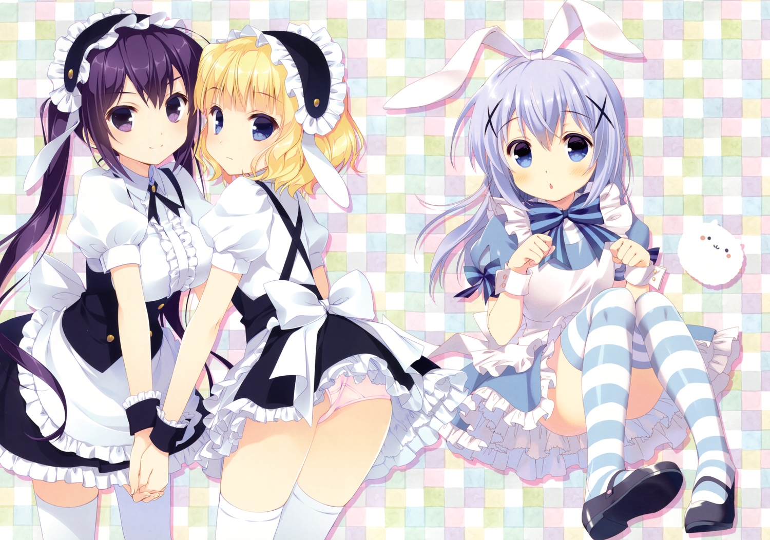 animal_ears, apron, aqua_eyes, ass, blonde_hair, blush, bow, breasts