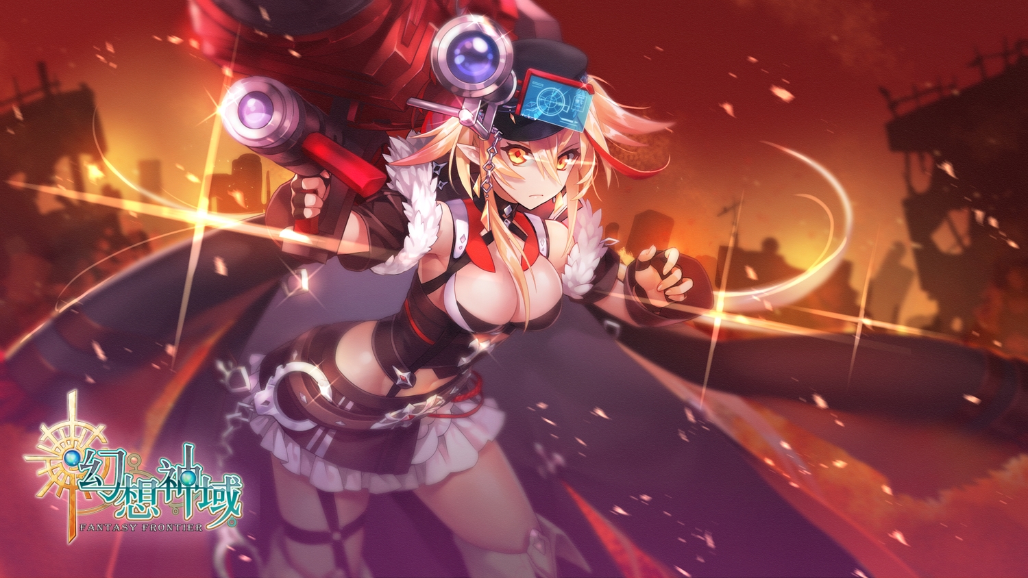 blonde_hair, breasts, cleavage, fantasy_frontier, garter_belt, gloves, gun, hat