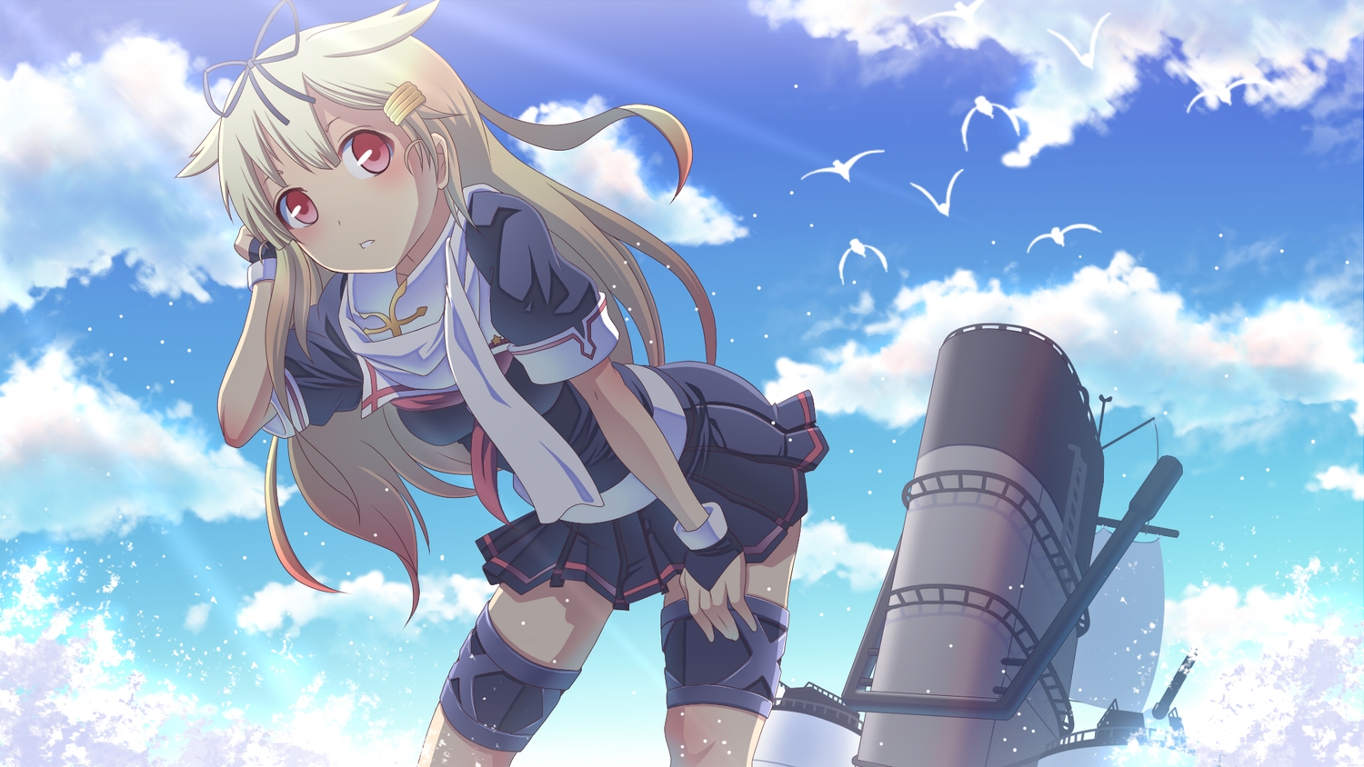 animal, anthropomorphism, bird, blonde_hair, breasts, clouds, irie_(masaki), kantai_collection, long_hair, red_eyes, ribbons, scarf, school_uniform, skirt, sky, yuudachi_(kancolle)