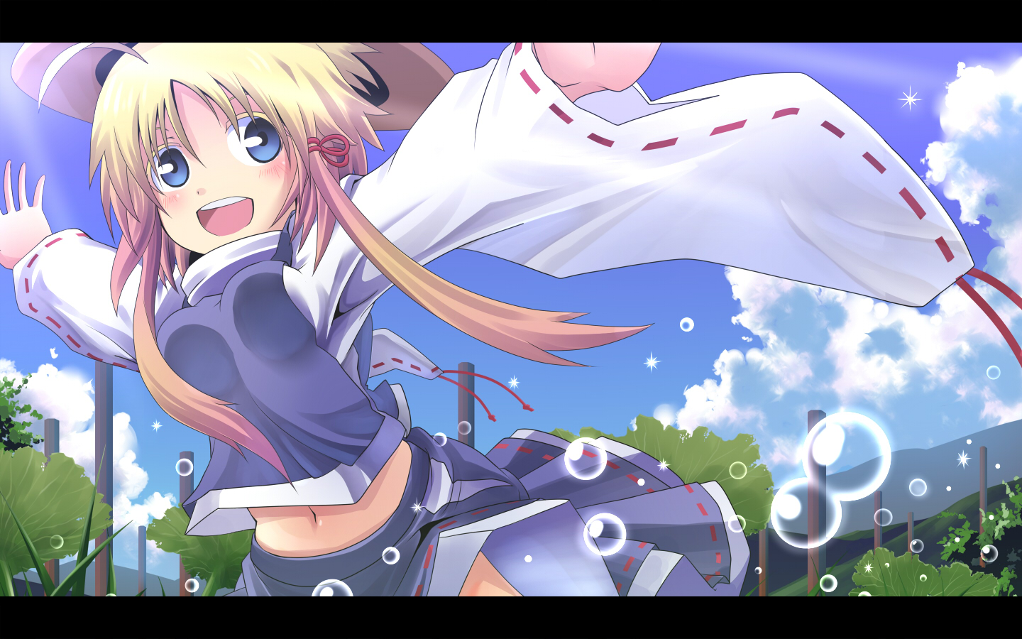 blonde_hair, blue_eyes, blush, breasts, bubbles, clouds, hat, irie_(masaki)