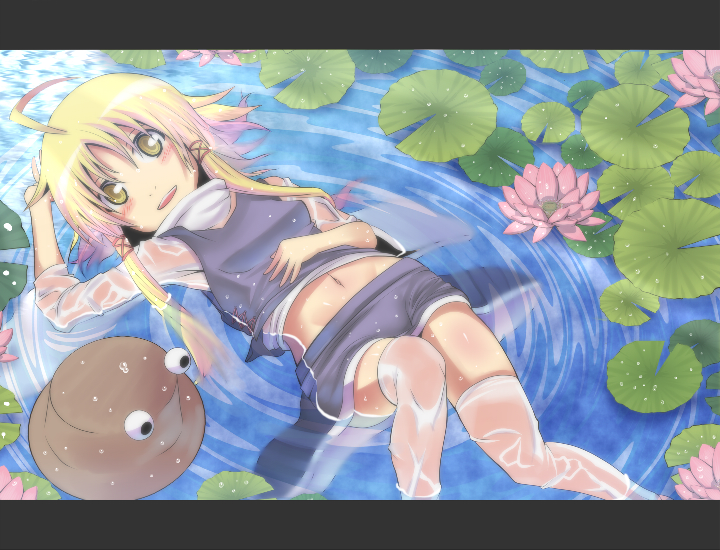 blonde_hair, blush, hat, irie_(masaki), long_hair, moriya_suwako, navel, see_through