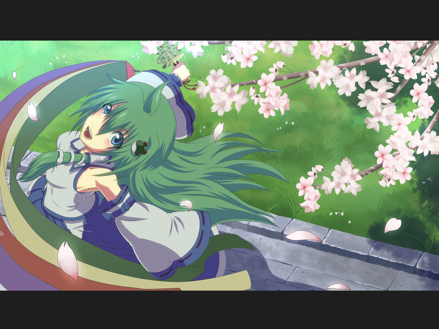 animal, aqua_eyes, bell, breasts, cherry_blossoms, flowers, green_hair, irie_(masaki)