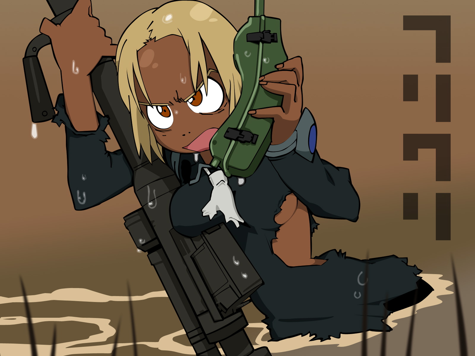 brown, flcl, gun, kitsurubami, phone, water, weapon