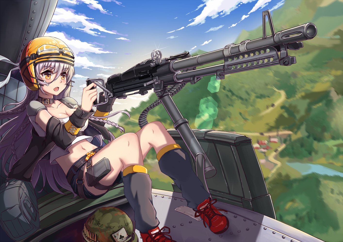 anthropomorphism, braids, breasts, cleavage, clouds, dawn_(664387320), girls_frontline, gray_hair, hat, long_hair, m60_(girls_frontline), navel, shorts, sky, yellow_eyes