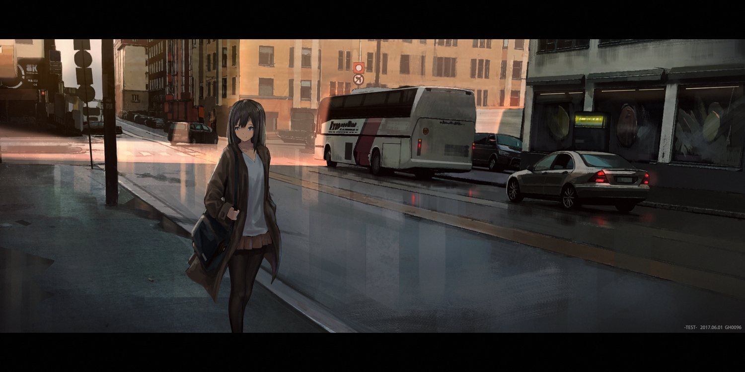 black_hair, blue_eyes, building, car, city, gh_(chen_ghh), original, pantyhose