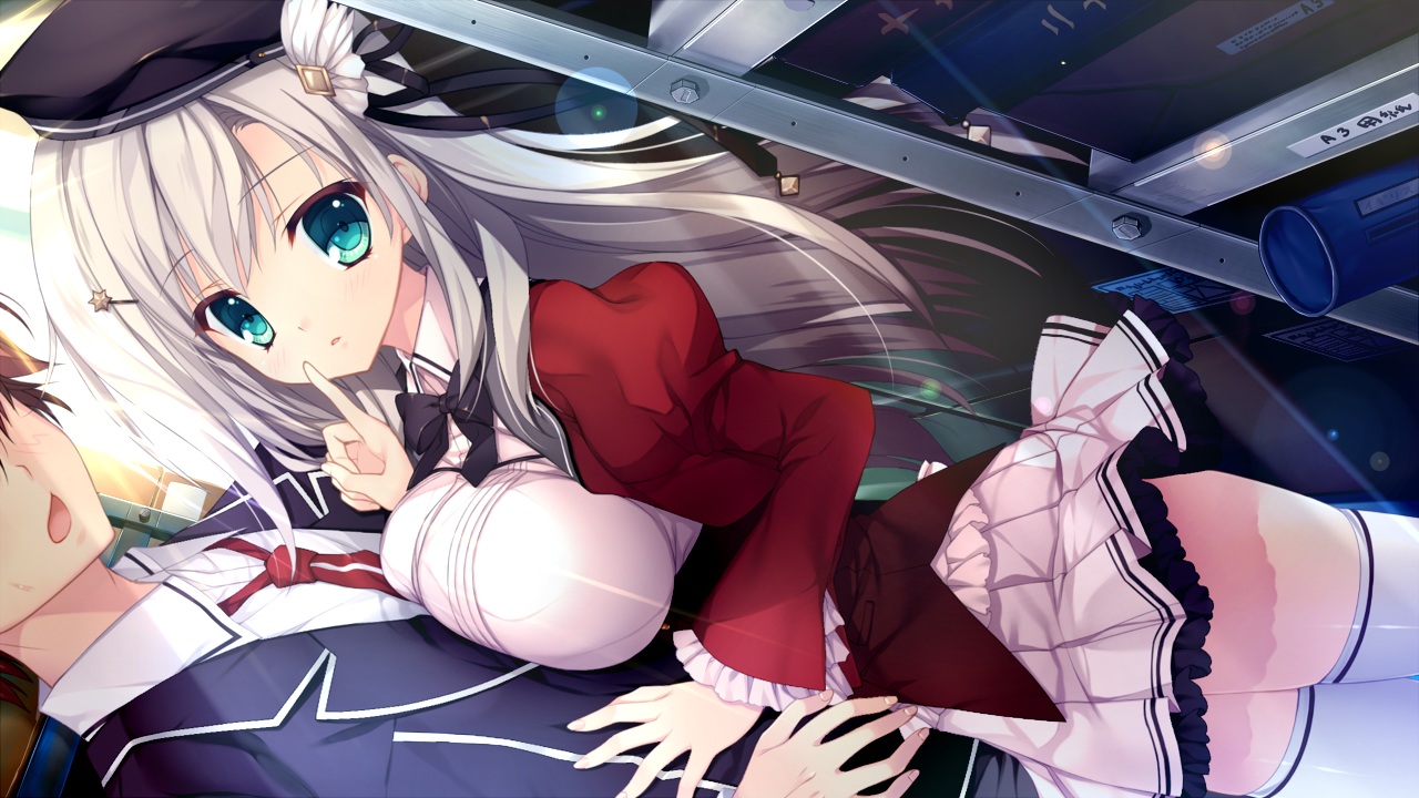 aqua_eyes, bow, breasts, brown_hair, game_cg, haruoto_alice_gram, kanzaki_erisa, long_hair, male, mitha, school_uniform, sema_soutarou, short_hair, skirt, thighhighs, white_hair