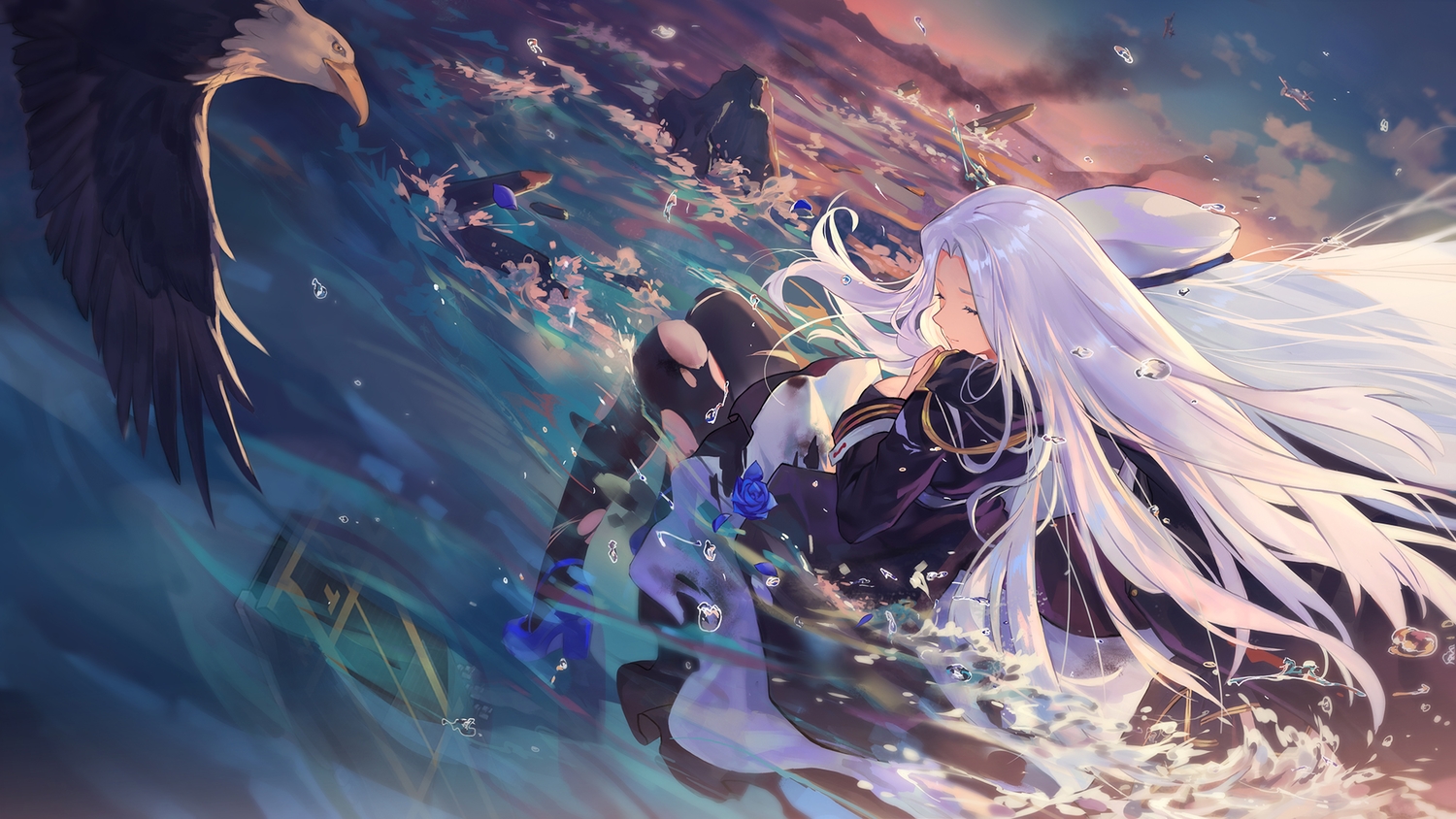 animal, anthropomorphism, azur_lane, bird, clouds, criin, flowers, horns