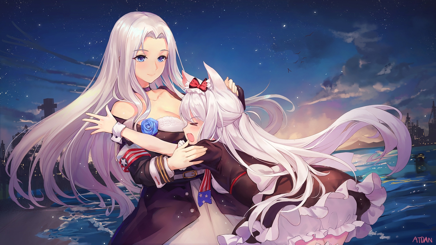 2girls, animal, animal_ears, anthropomorphism, aqua_eyes, atdan, azur_lane, bird, bow, clouds, flowers, gray_hair, hammann_(azur_lane), jpeg_artifacts, long_hair, sky, stars, water, yorktown_(azur_lane)