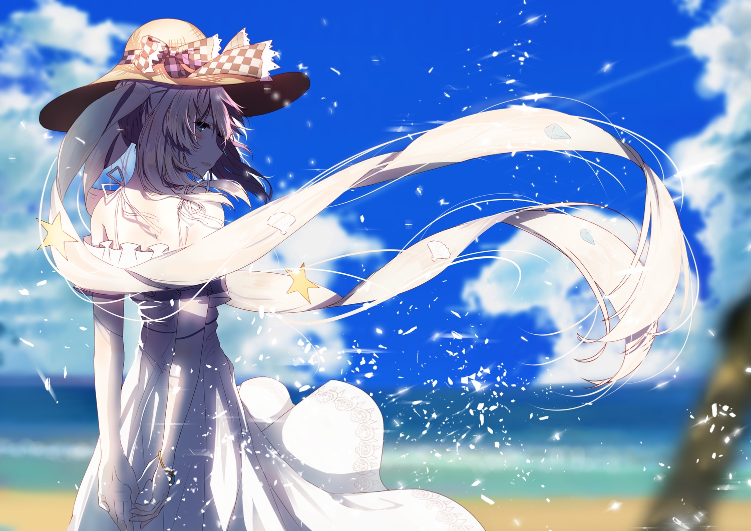 aliasing, aqua_eyes, beach, clouds, dress, fate/grand_order, fate_(series), long_hair