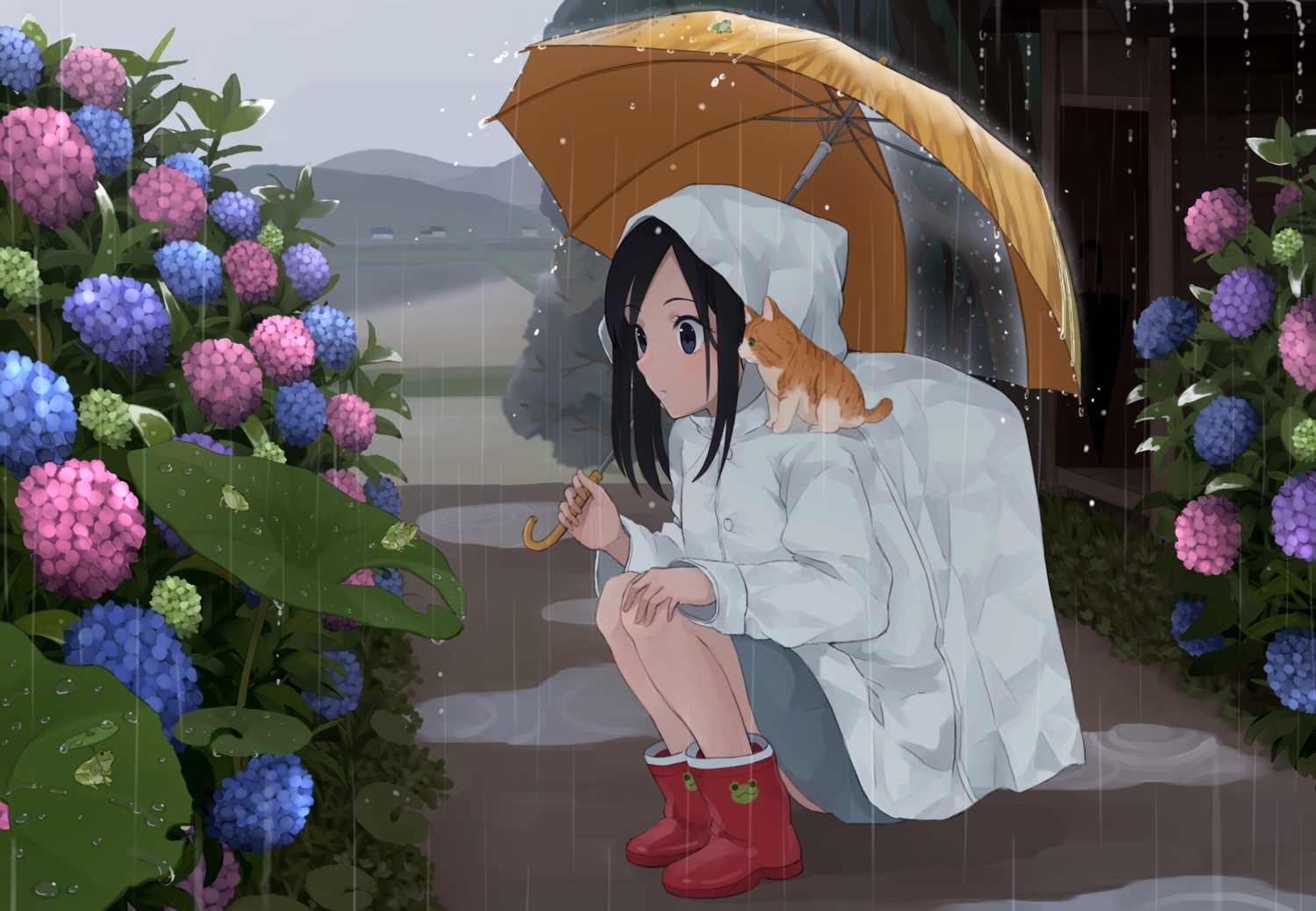 animal, boots, cat, flowers, frog, leaves, maruhana, rain, umbrella, water