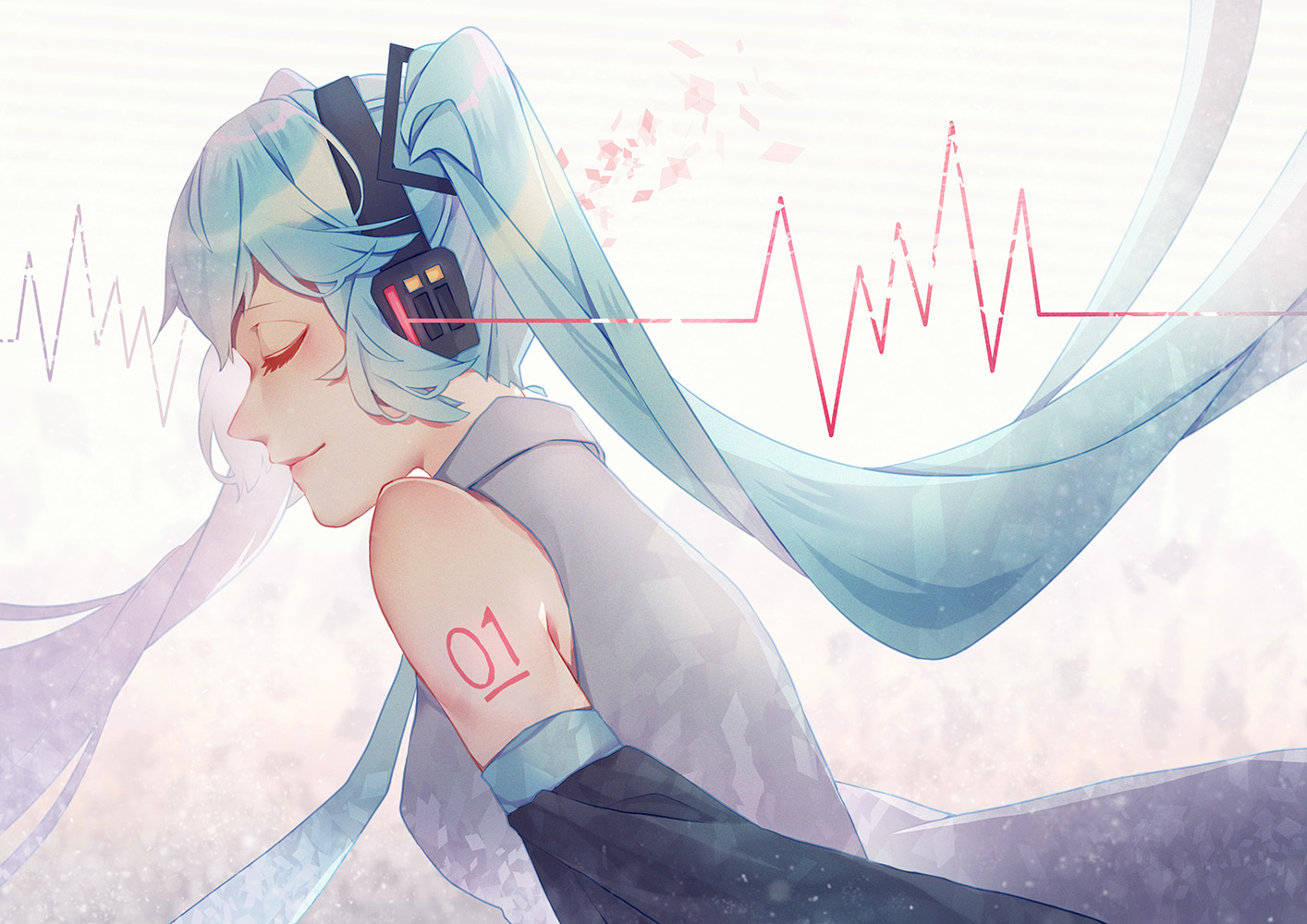 aqua_hair, hatsune_miku, headphones, long_hair, tattoo, tie, twintails, vocaloid