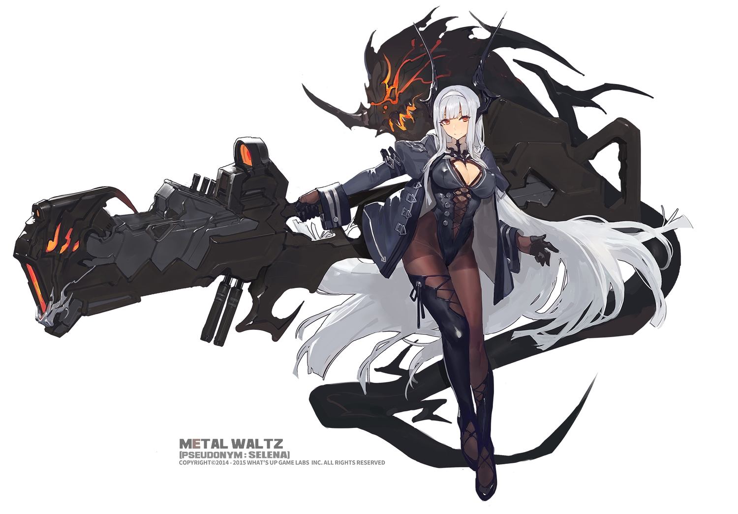 boots, breasts, cleavage, gloves, gray_hair, gun, headband, headdress