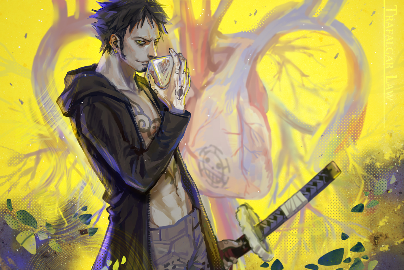 all_male, black_hair, kirayoci, male, one_piece, short_hair, sword, tattoo