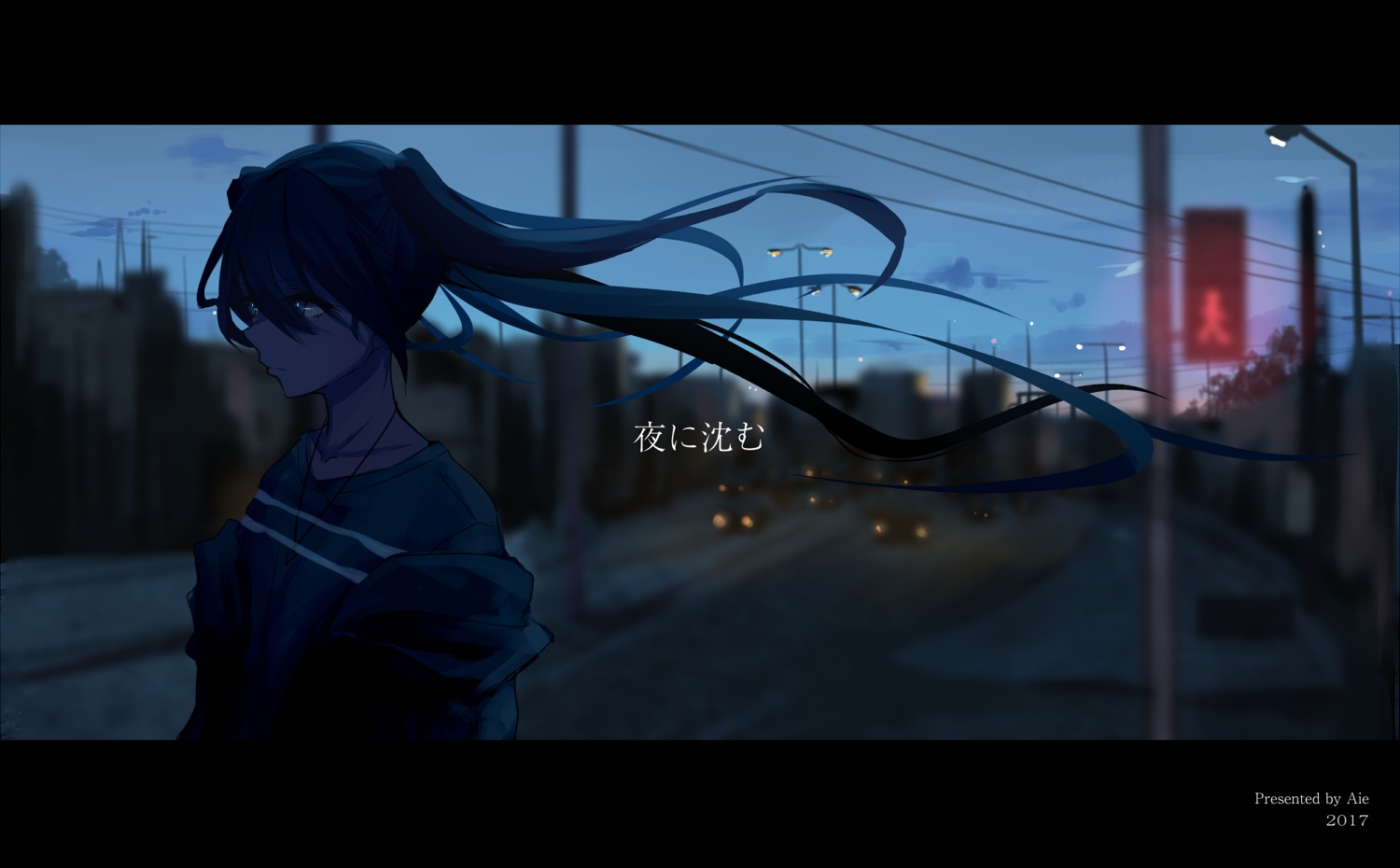 aie, building, car, city, clouds, dark, hatsune_miku, long_hair, necklace, sky, twintails, vocaloid