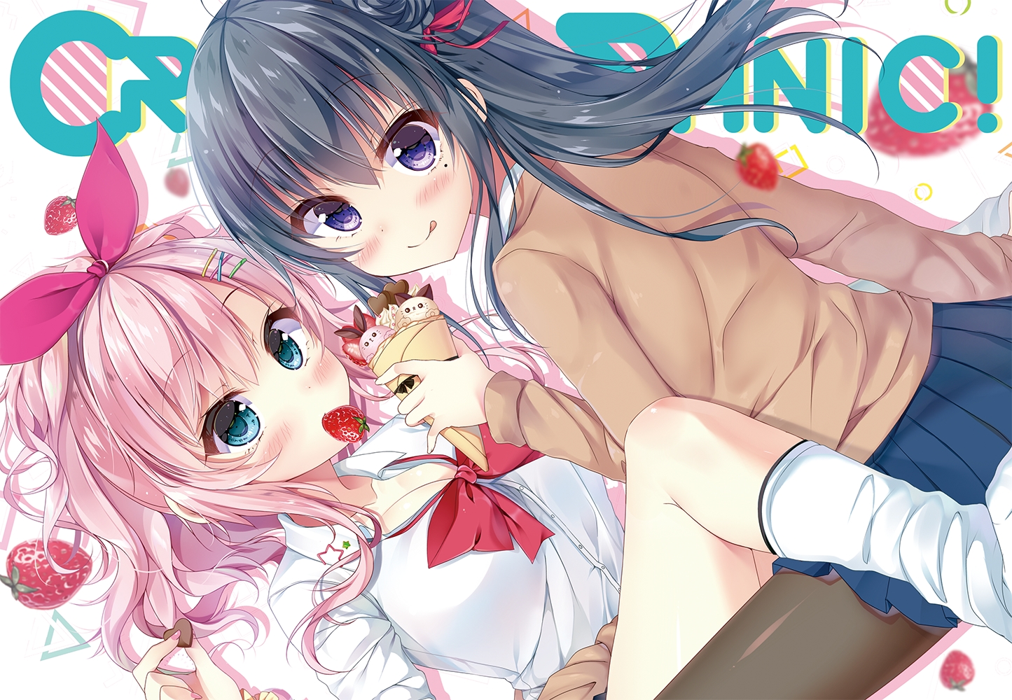 2girls, aqua_eyes, black_hair, blush, bow, breasts, food, fruit, long_hair, no_bra, nukomiya, original, pantyhose, pink_hair, purple_eyes, ribbons, school_uniform, skirt