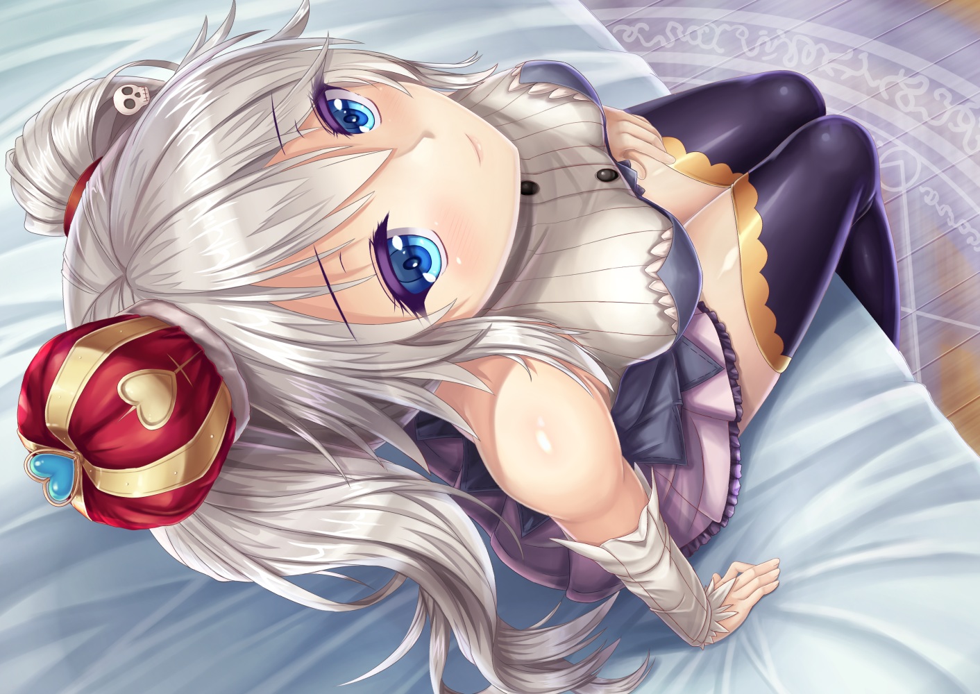aqua_eyes, blush, breasts, gray_hair, long_hair, skirt, thighhighs, tooru
