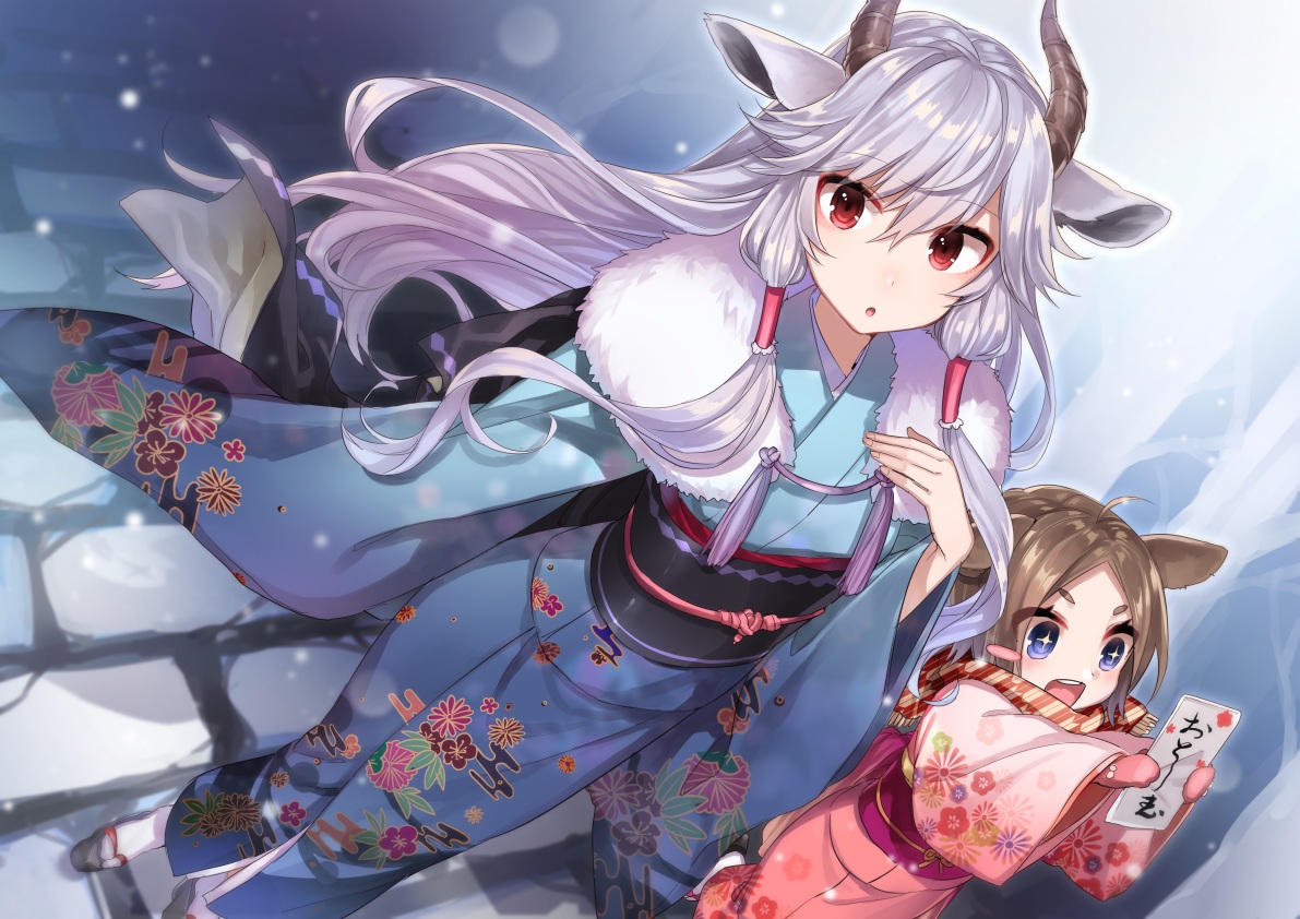 2girls, animal_ears, brown_hair, horns, japanese_clothes, loli, long_hair, original