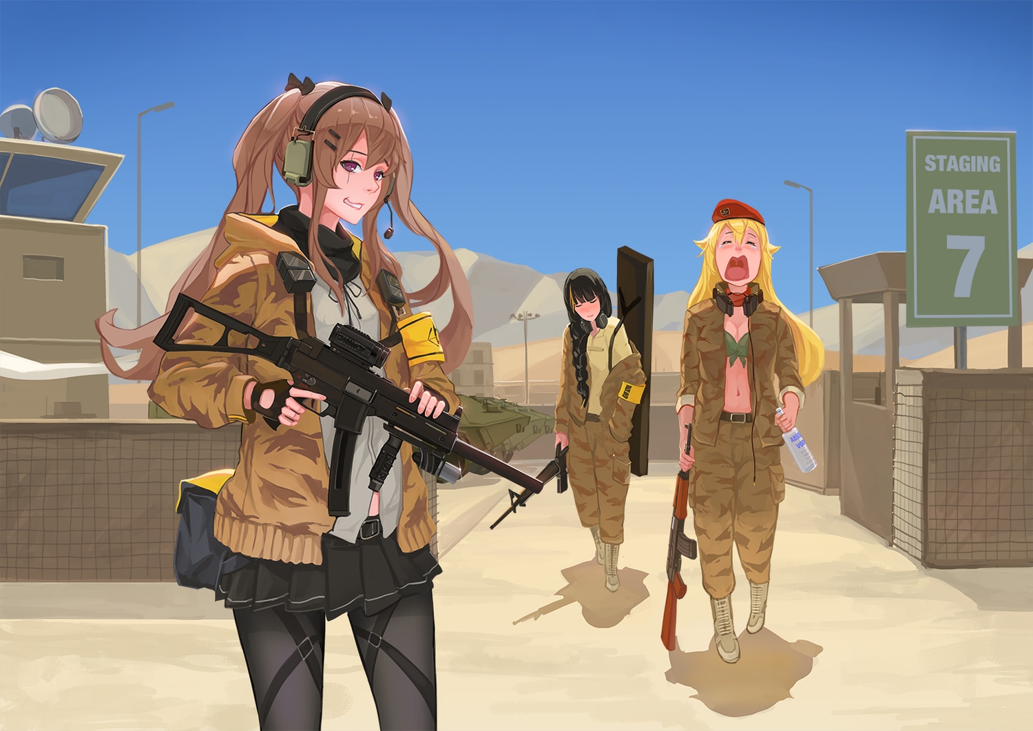ak-47_(girls_frontline), anthropomorphism, bikini_top, black_hair, blonde_hair, braids, brown_hair, drink, girls_frontline, gun, hat, headphones, long_hair, m4a1_(girls_frontline), microphone, military, navel, pantyhose, purple_eyes, sima_naoteng, skirt, sky, twintails, ump-9_(girls_frontline), weapon