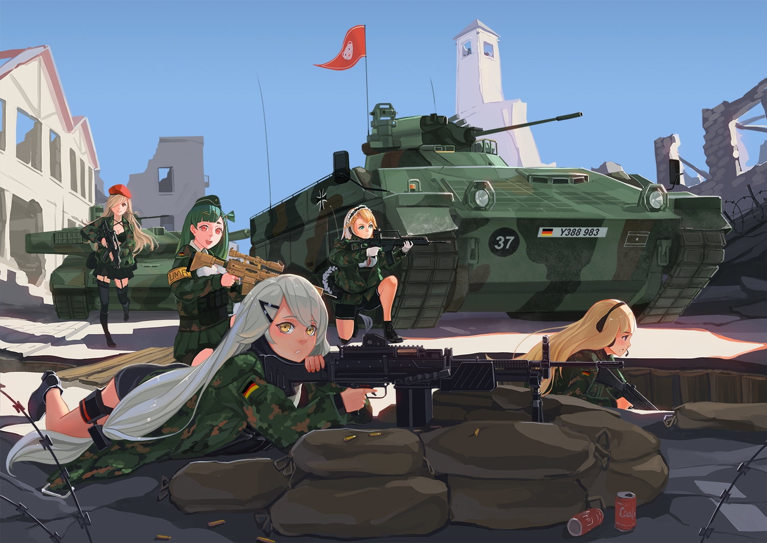 anthropomorphism, bikini_top, blonde_hair, braids, breasts, building, combat_vehicle, drink