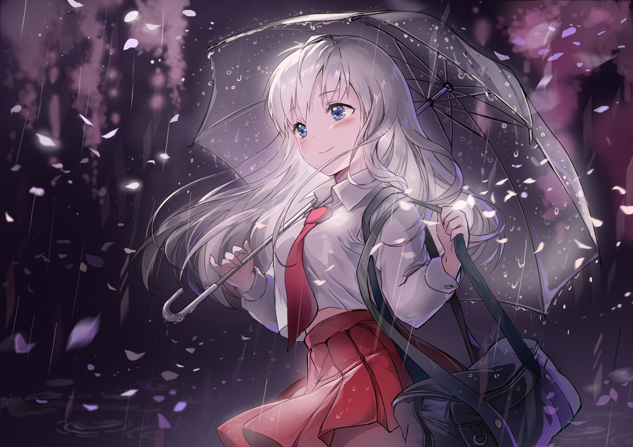 blue_eyes, long_hair, navel, original, petals, rain, saya_(mychristian2), school_uniform, skirt, tie, umbrella, water, white_hair