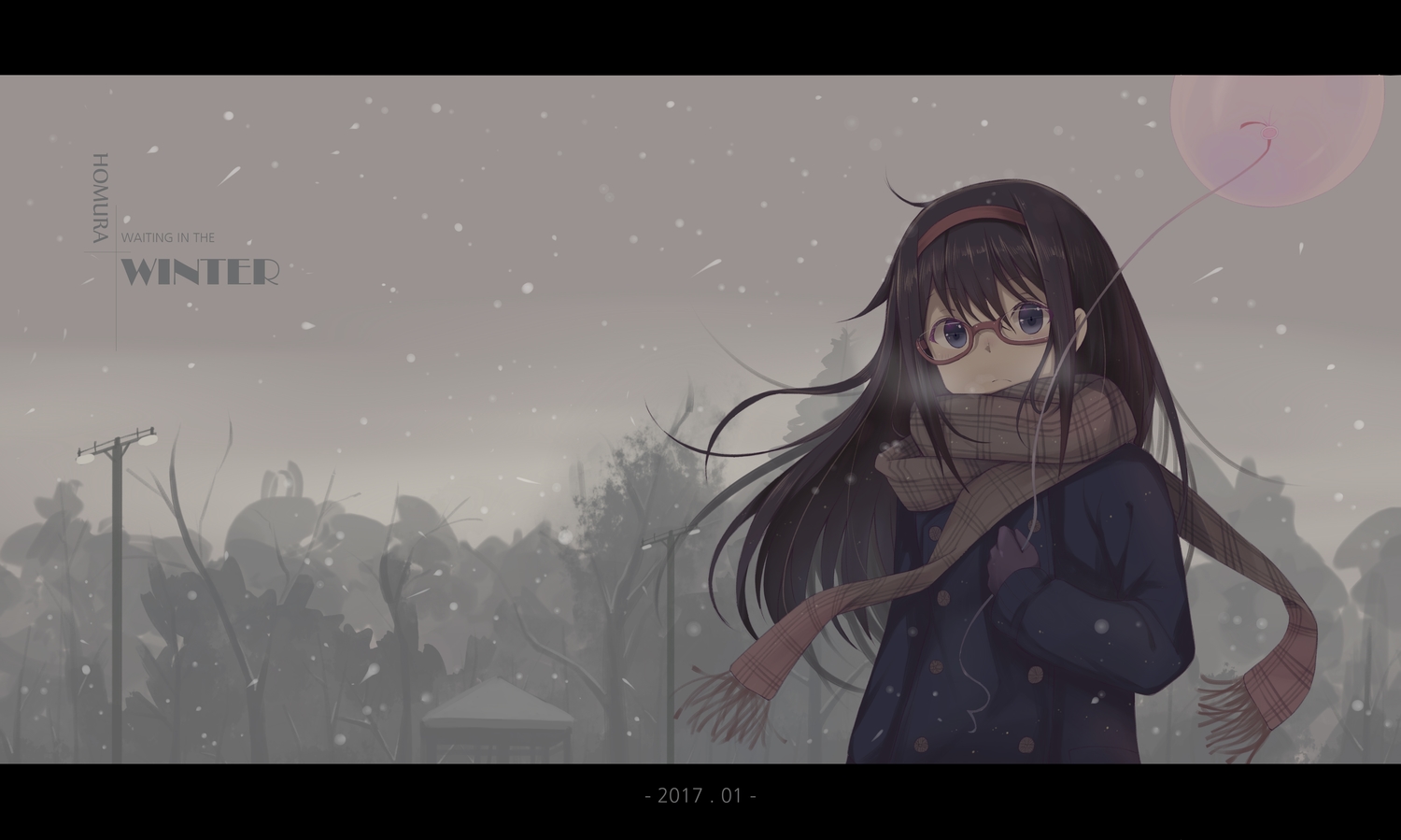 akemi_homura, black_hair, glasses, gray_eyes, hzyang, long_hair, mahou_shoujo_madoka_magica, scarf