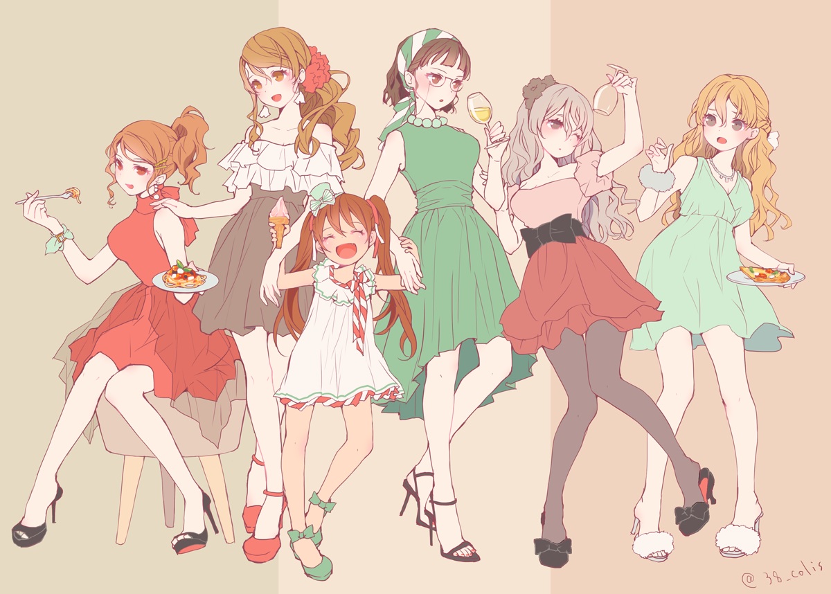 anthropomorphism, aquila_(kancolle), blonde_hair, bow, braids, brown_eyes, brown_hair, colis, dress, drink, food, glasses, gray_hair, group, kantai_collection, libeccio_(kancolle), littorio_(kancolle), loli, long_hair, necklace, pantyhose, pola_(kancolle), ponytail, roma_(kancolle), short_hair, skirt, twintails, wink, zara_(kancolle)