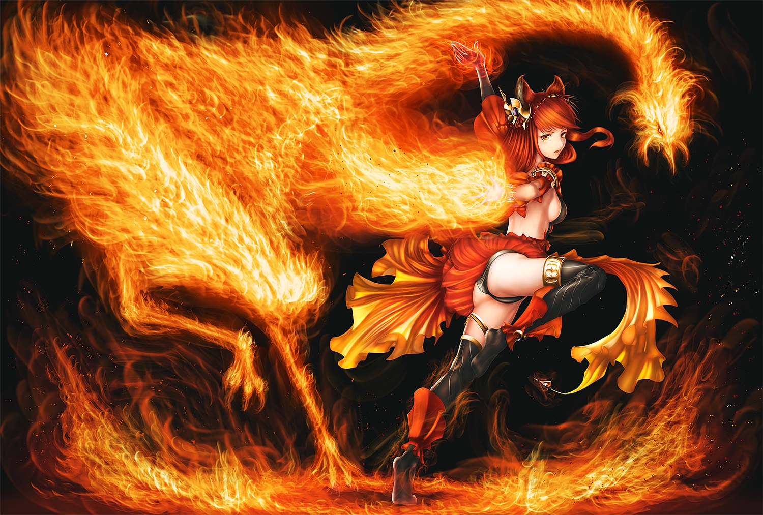 animal_ears, anthuria_(granblue_fantasy), ass, boots, breasts, dark, elbow_gloves, fire