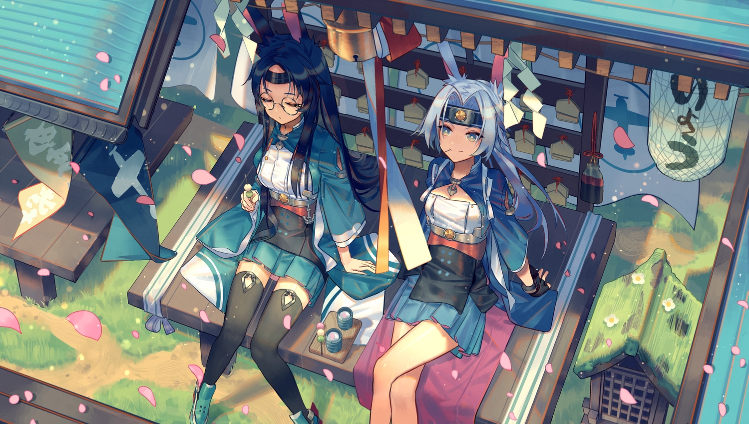 2girls, animal_ears, anthropomorphism, azur_lane, blue_hair, drink, food, glasses