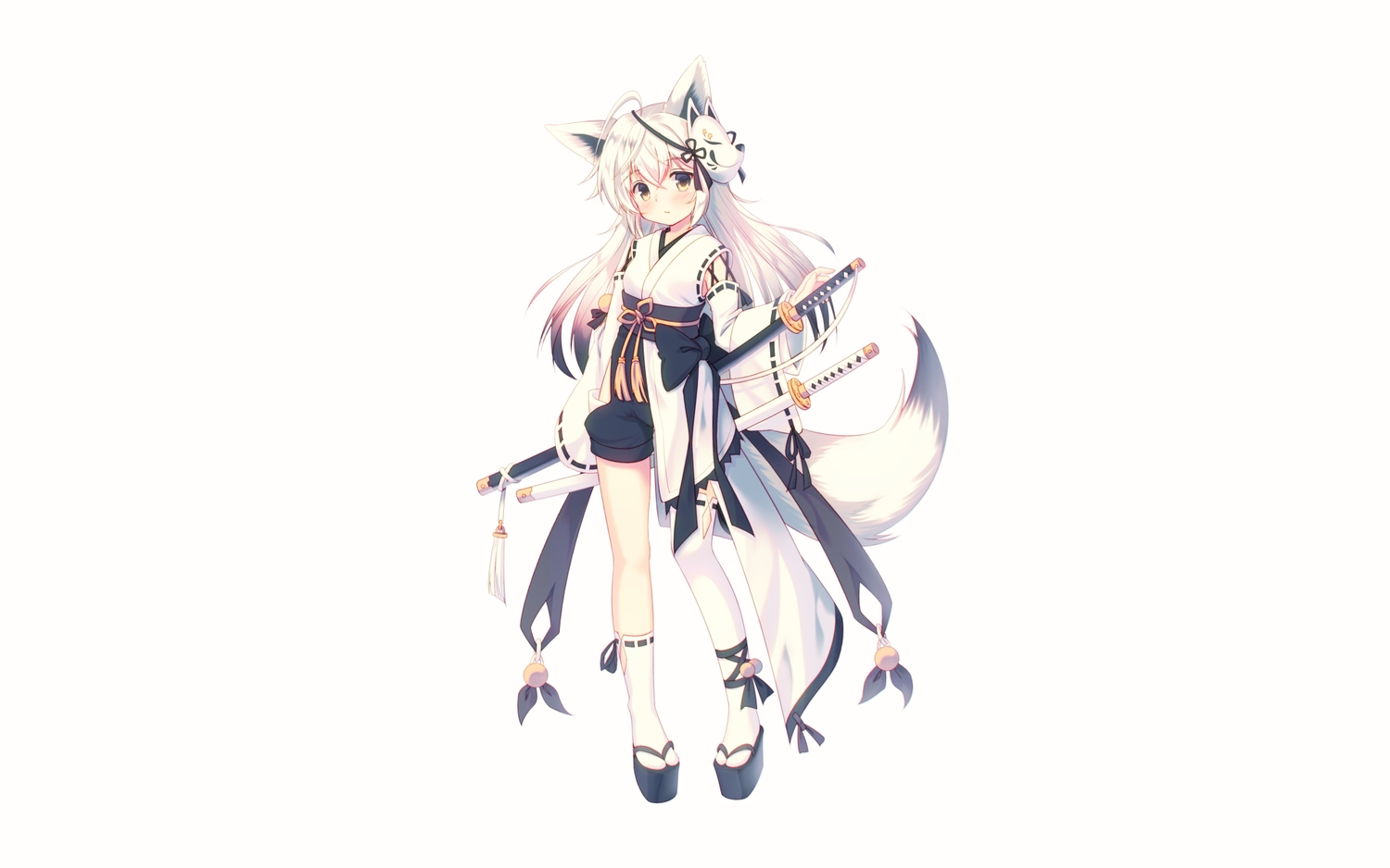 animal_ears, aqua_eyes, blush, boots, bow, foxgirl, japanese_clothes, kneehighs
