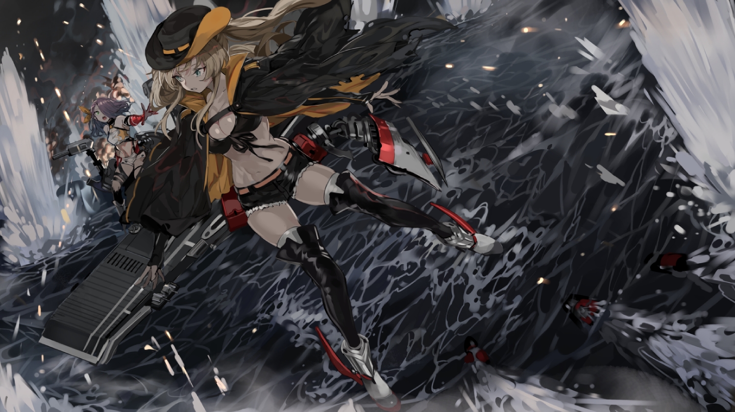 2girls, anthropomorphism, azur_lane, bikini_top, black_hair, blonde_hair, boots, breasts, daro_(645046276), elbow_gloves, gloves, green_eyes, hat, hornet_(azur_lane), long_hair, northampton_(azur_lane), shorts, twintails, waifu2x, water