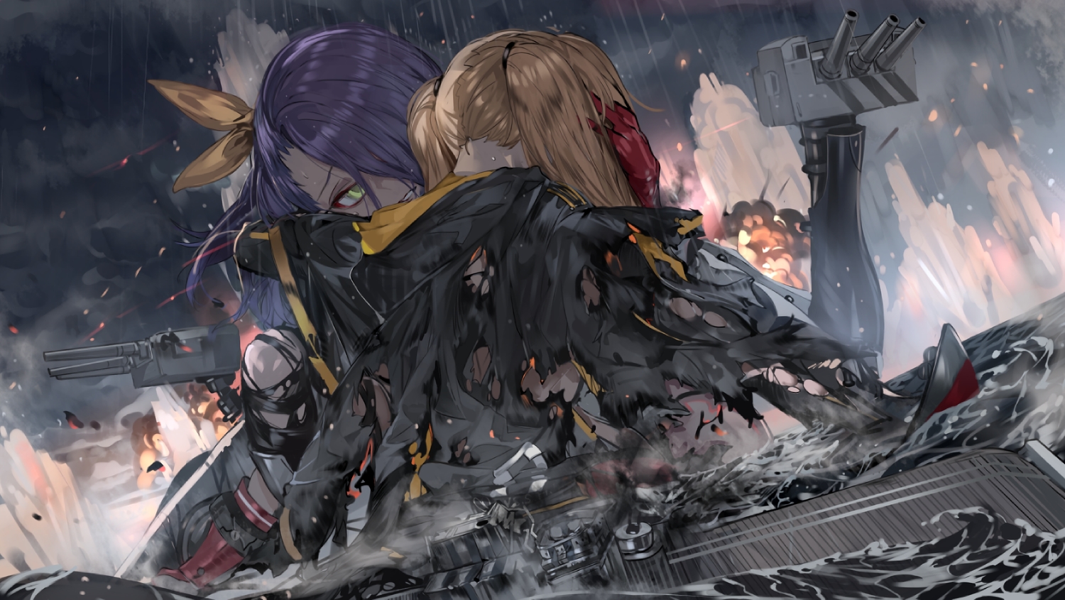 2girls, anthropomorphism, azur_lane, blonde_hair, daro_(645046276), gloves, green_eyes, hornet_(azur_lane)