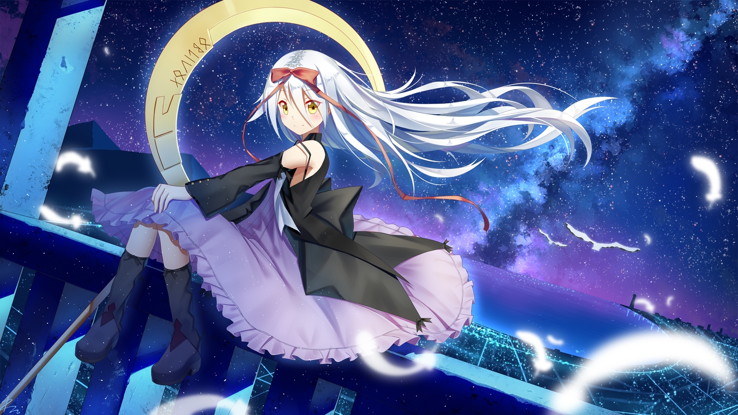animal, bird, boots, bow, building, city, dress, hoshizora_no_memoria