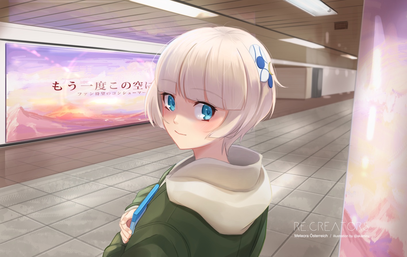 akame_(akamiru), aqua_eyes, blush, meteora_osterreich, re:creators, short_hair, watermark, white_hair