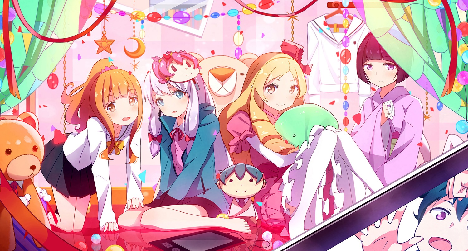 aqua_eyes, barefoot, blonde_hair, brown_eyes, eromanga-sensei, gray_hair, group, hood