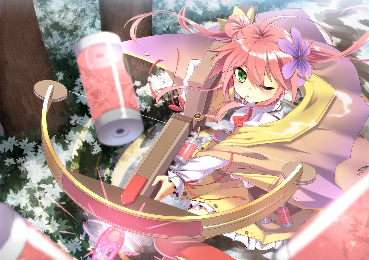 anthropomorphism, blush, bow_(weapon), flower_knight_girl, flowers, green_eyes, pink_hair, saffron_(flower_knight_girl), short_hair, tagme_(artist), tree, weapon, wink