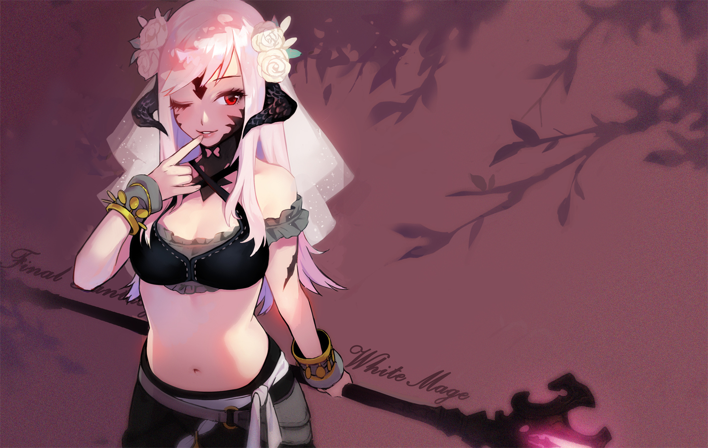 0910popo, au_ra, breasts, cleavage, final_fantasy, final_fantasy_xiv, flowers, headdress, horns, long_hair, navel, pink_hair, red_eyes, spear, weapon, wink
