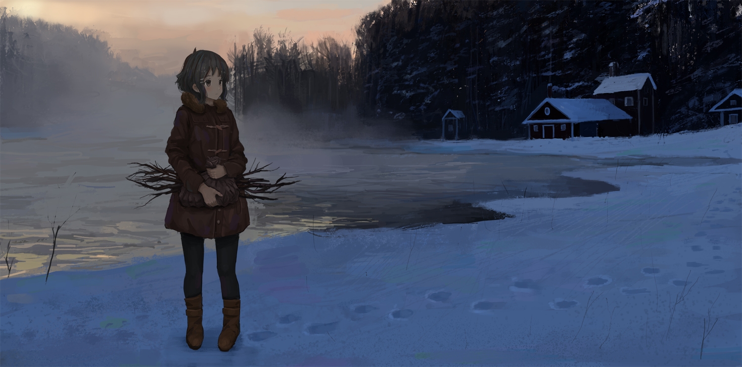 ame_sagari, boots, building, dark, original, snow, sunset, water, winter