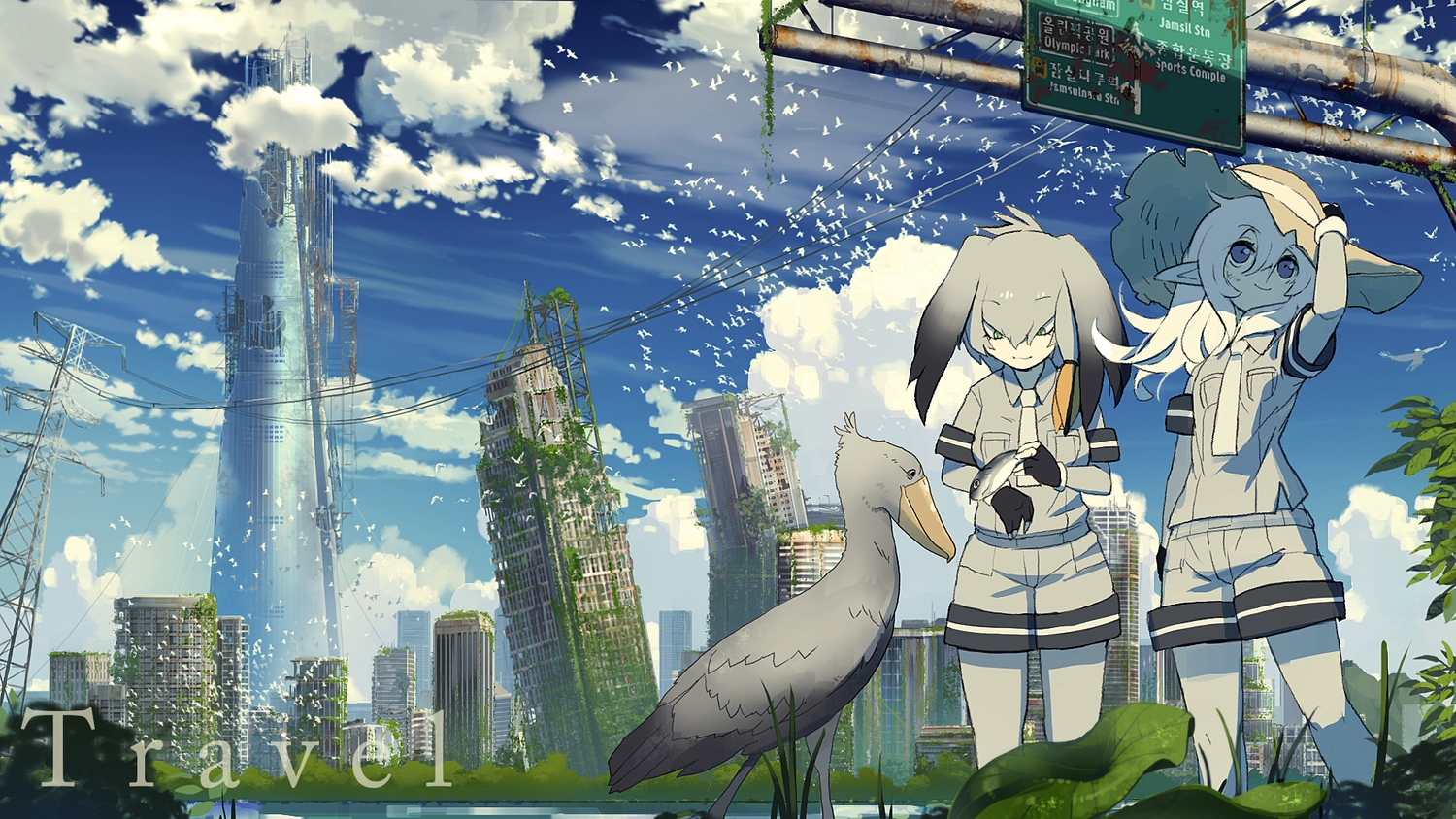 2girls, animal, anthropomorphism, bird, building, city, clouds, fish, grass, kemono_friends, leaves, pointed_ears, ruins, shoebill_(kemono_friends), tagme_(character), whitebear