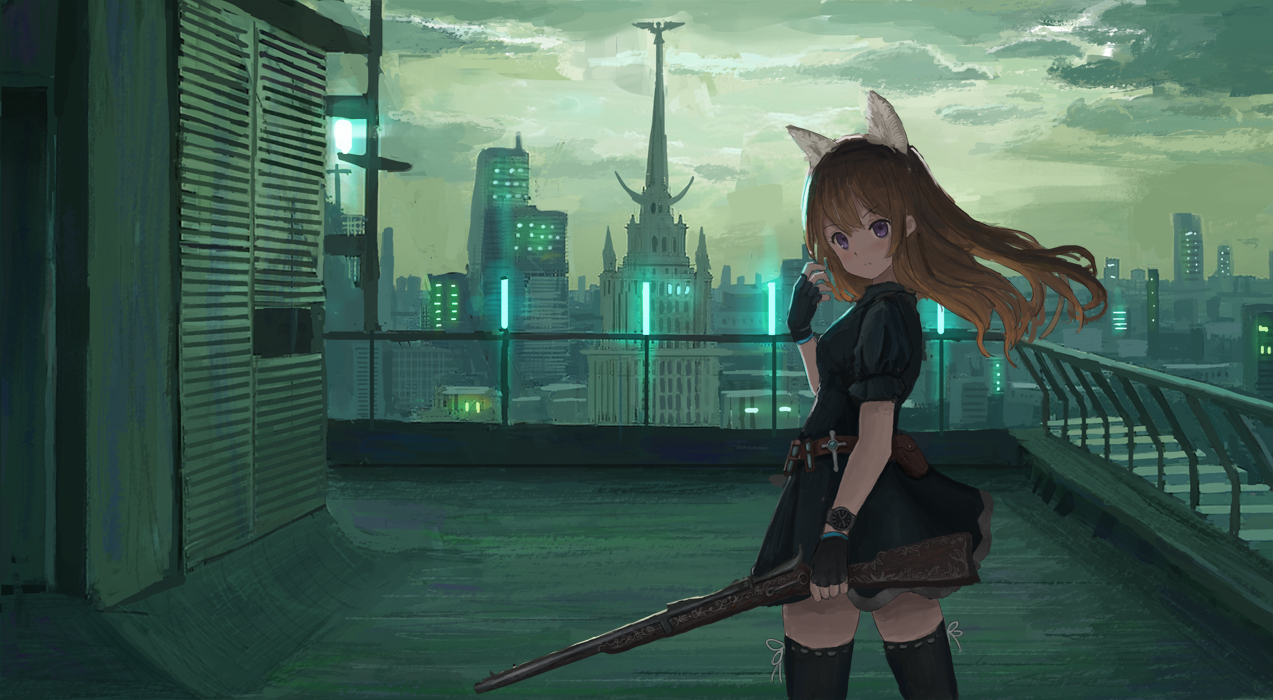 ame_sagari, animal_ears, building, city, clouds, cross, dark, gloves, gun, original, purple_eyes, rooftop, sunset, thighhighs, weapon, wristwear