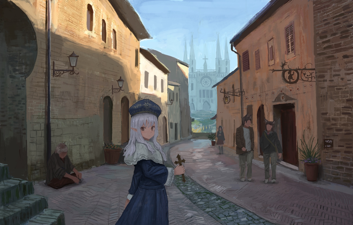 ame_sagari, animal_ears, building, city, cross, dark, flowers, hat