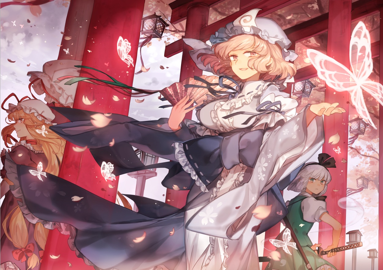 blonde_hair, bow, breasts, butterfly, fan, gray_hair, green_eyes, hat, headband, konpaku_youmu, long_hair, myon, petals, pink_eyes, pink_hair, ribbons, rom_(romshiro), saigyouji_yuyuko, short_hair, skirt, sword, touhou, weapon, yakumo_yukari
