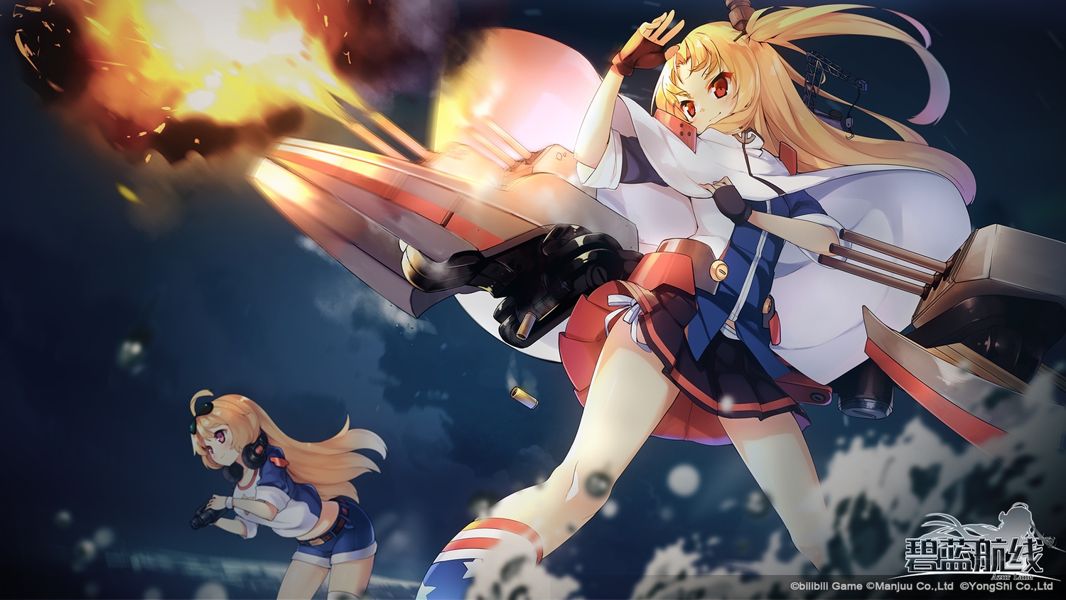 2girls, anthropomorphism, azur_lane, blonde_hair, cape, cleveland_(azur_lane), clouds, columbia_(azur_lane)