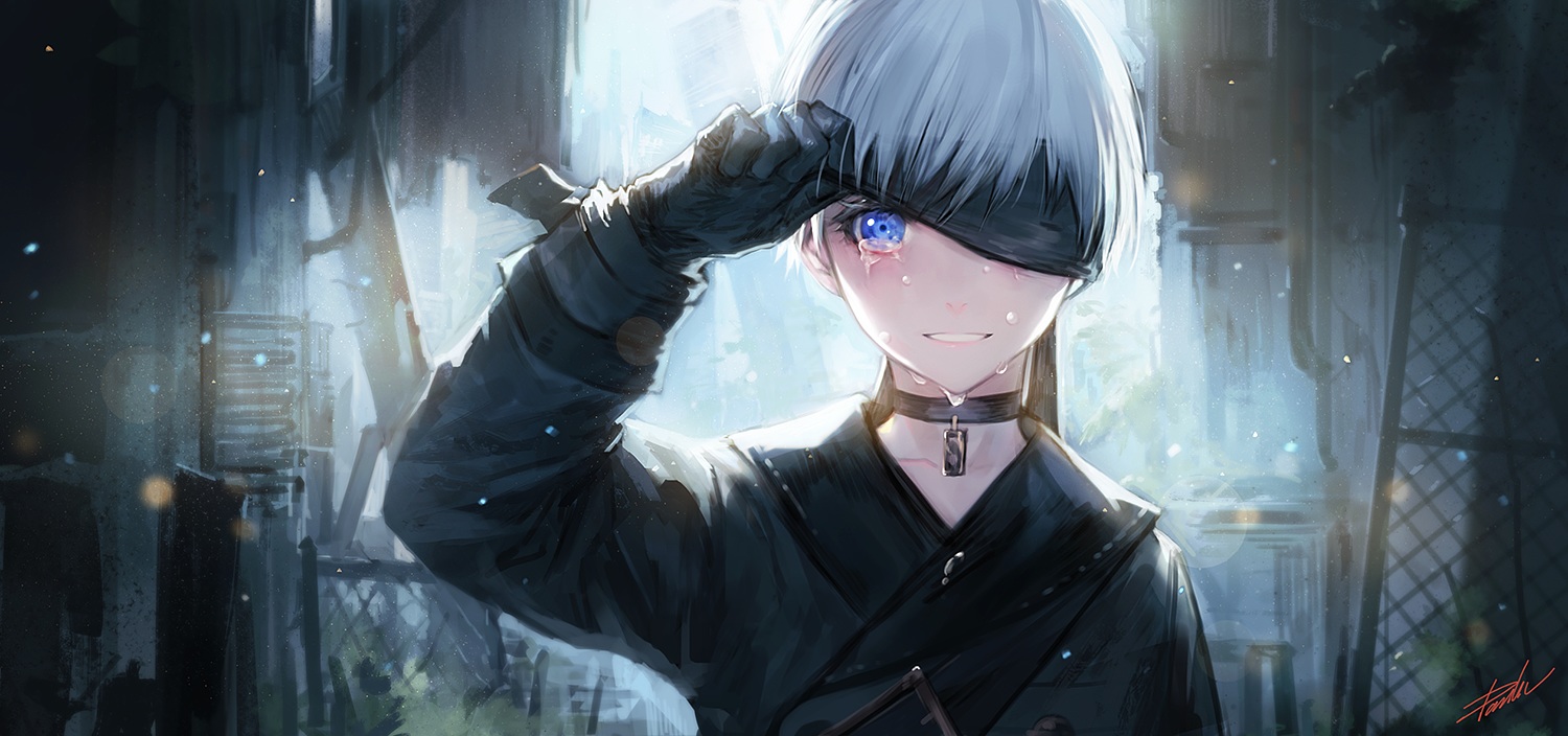 all_male, blindfold, blue_eyes, choker, danhu, gloves, male, necklace, nier, nier:_automata, short_hair, signed, tears, white_hair, yorha_unit_no._9_type_s