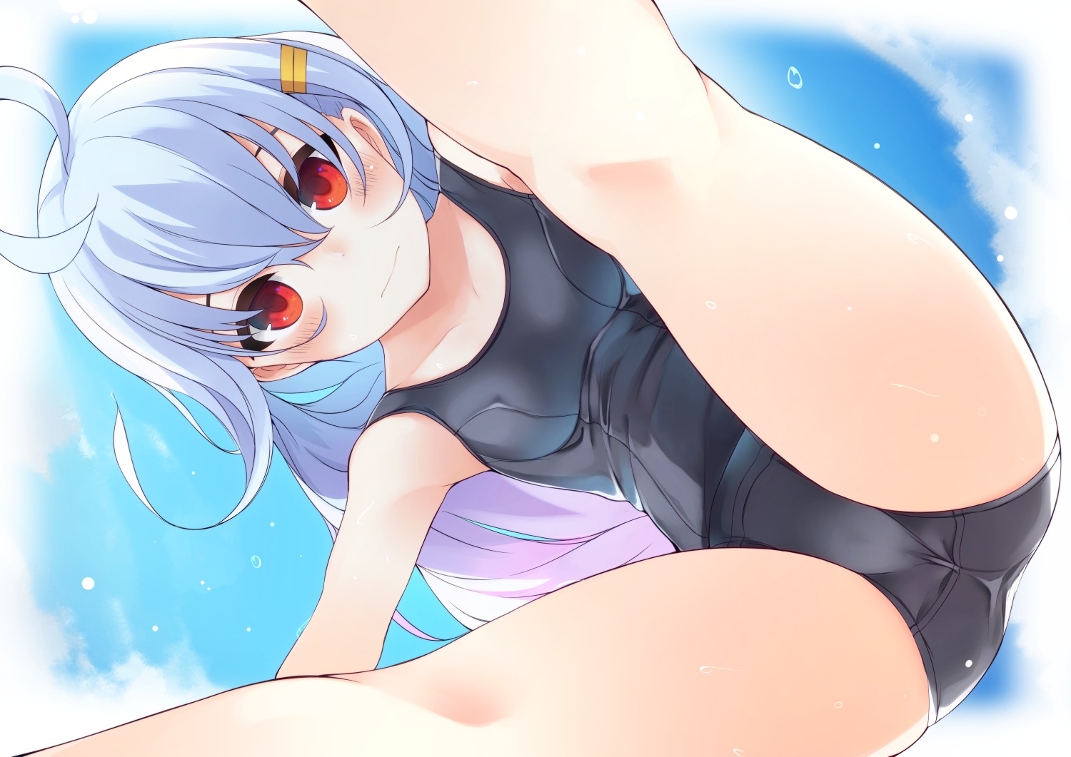 blue_hair, blush, clouds, long_hair, mesugaki, original, otokuyou, red_eyes, school_swimsuit, sky, spread_legs, swimsuit