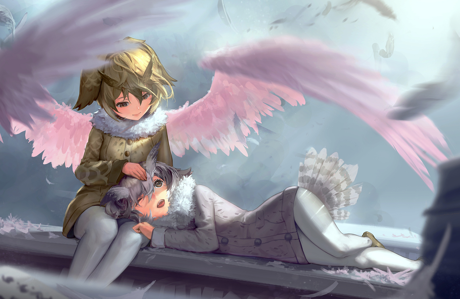 2girls, anthropomorphism, brown_eyes, brown_hair, eurasian_eagle-owl_(kemono_friends), gray_hair, kemono_friends, northern_white-faced_owl_(kemono_friends)
