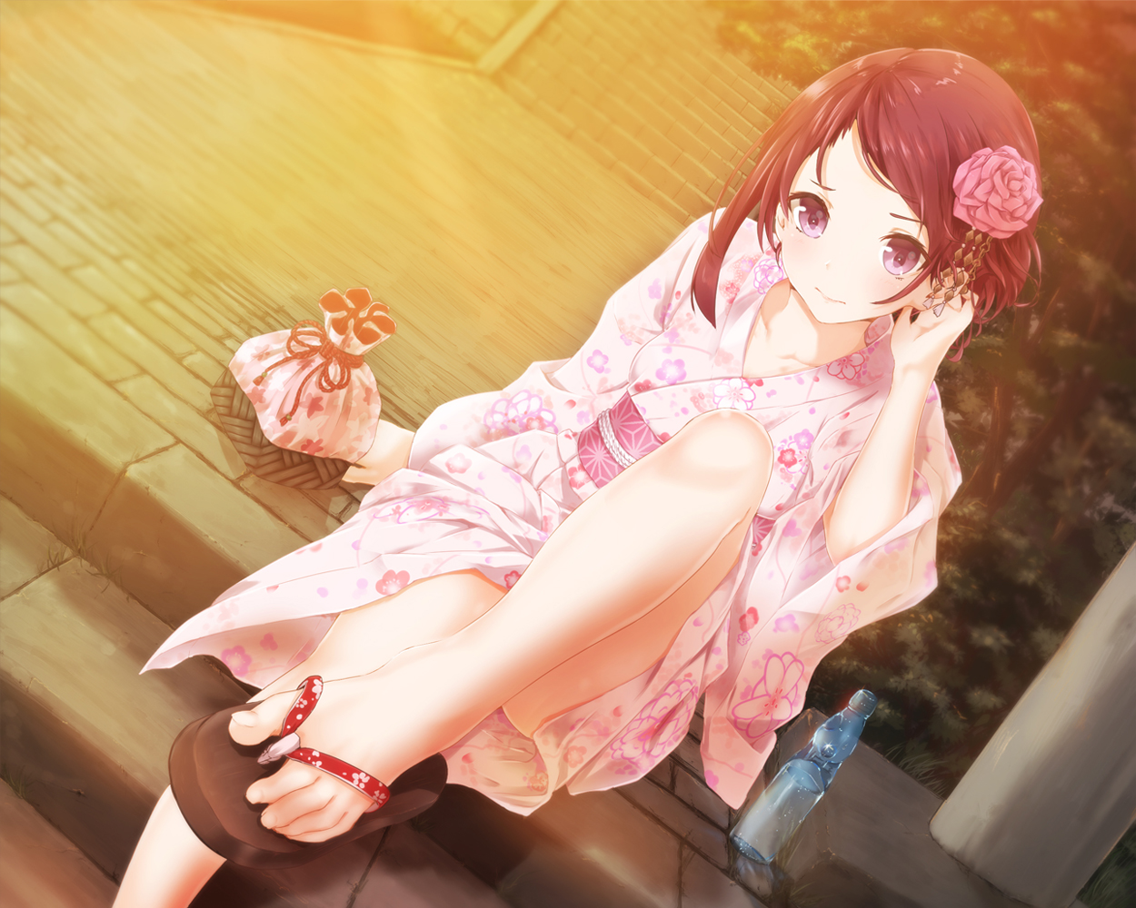 brown_hair, drink, flowers, japanese_clothes, original, purple_eyes, sahara386, short_hair