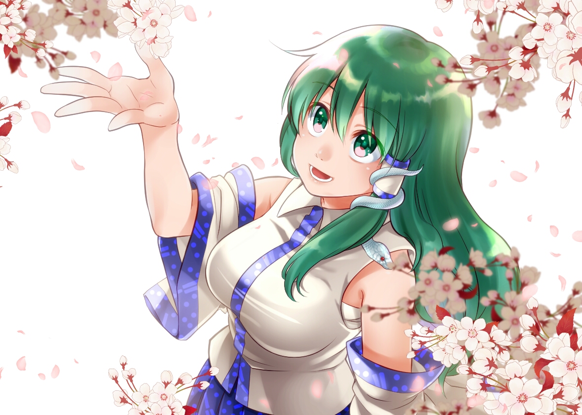 animal, breasts, flowers, green_eyes, green_hair, japanese_clothes, kochiya_sanae, long_hair