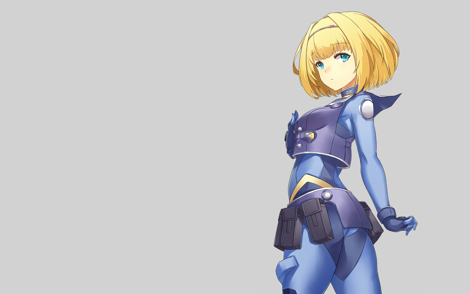 aqua_eyes, asya, blonde_hair, bodysuit, gray, headband, heavy_object, milinda_brantini